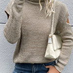 Turtleneck Long Sleeve Solid Color Hollow Off Shoulder Sweater