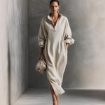 Women's Beige Relaxed Cotton Drawstring - Detail Maxi Dress