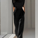 Loose Pleated Solid Color Split-Joint Round-Neck Jumpsuits