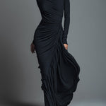 Women's Black Elegant Jersey Knit Ruched Maxi Dress