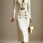 Long Sleeves Puff Sleeves Buttoned Solid Color Deep V-Neck Midi Dresses