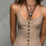 Boho Chic Beige Button-Front Strap Mini Dress With Lace Hem