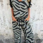 Zebra Print V-neck Short-sleeved Lace-up Top and Elastic Waist Pocket Straight-leg Pants Set