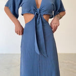 Lace-up Exposed Waist Cotton and Linen Dress