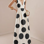 A-Line High Waisted Pleated Polka-Dot V-Neck Maxi Dresses