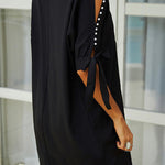 Solid color strapless V-neck beaded short-sleeved loose dress