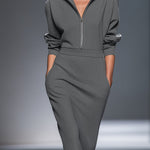 Women's Casual Cotton Polyester Half  Zip Midi Dress
