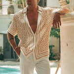 Men's Summer Casual Tencel Cotton Printed Lapel Short Sleeve Shirt