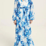 Island Girl Floral Print V-neck Long Sleeve Tie Slit Holiday Maxi Dress