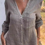 Linen Blend Solid Color V-neck Casual Pocket Shirt