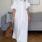 Half Sleeves Loose Buttoned Pleated Solid Color Tied Waist Stand Collar Maxi Dresses
