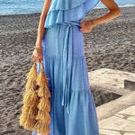 Linen Blend Solid Color Oblique Collar Ruffle Waist Tie Maxi Dress