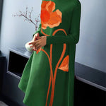 A-Line Long Sleeves Flower Print Split-Joint High Neck Midi Dresses
