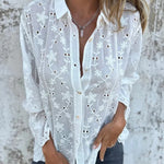 Embroidered Plant Long Sleeve Lapel Hollow Casual Shirt