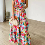 Multicolour Boho Floral Print Knot Strap Ruffle Layered Maxi Dress
