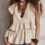 Bohemian Cotton And Linen Blouse With Ruffled Details