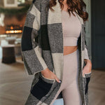 Khaki Plaid Print Pocket Open Front Long Cardigan