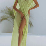 Enjoy Your Vacation Linen Blend Ruched Shoulder Drape Loose Cover Up Maxi Dress