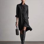 Women's Black Satin Shirt Dress With Tie-Neck Detail & Asymmetric Hem, Timeless Sleek-Casual Style Dress