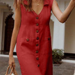 V-neck single-breasted button-down dress