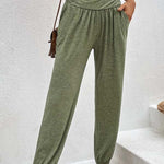 Temperament casual loose pocket high waist trousers