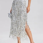 Evening Charm Layered Sequined Tassels High Rise Back Zipper Slit Midi Skirt
