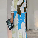 Loose Wrap Buttoned Contrast Color Pockets Printed Split-Side Shirt Dress