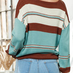 Peach Blossom Striped Pattern Knit V Neck Sweater