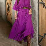Flared Sleeves Loose Pleated Solid Color Split-Joint Round-Neck Maxi Dresses