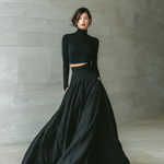 Women's Fashionable And Elegant Black Fitted Turtleneck Long-sleeved Cropped Top Paired With A Black Long Skirt