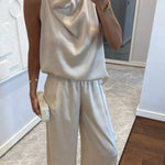Classic on You Satin High Cowl Neck Top and Elastic Waist Pocket Loose Pants Set