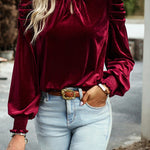 Red Mock Keyhole Neck Puff Sleeve Velvet Blouse