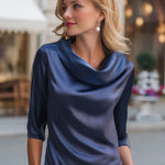 Navy Satin Cowl Neck Blouse ��� Effortless Elegance For Timeless Style