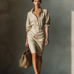 Women's Beige Linen Fabric Button-Front Shirt Dress
