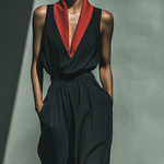 Women's Black Chiffon Sleeveless Jumpsuit With Red Contrast V-Neck Collar & Wide-Leg