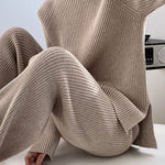 Urban Loose Solid Round-Neck Split-Side Sweater& Wide Leg Pants Suits