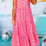 Sky Blue 60s Flower Split Neck Sleeveless Tiered Maxi Dress