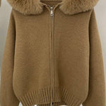 Fur-collar zip-up cardigan