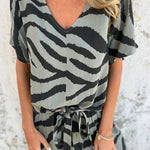 Zebra Print V-neck Short-sleeved Lace-up Top and Elastic Waist Pocket Straight-leg Pants Set
