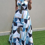 A-Line High Waisted Contrast Color Pleated Pockets Round-Neck Maxi Dresses