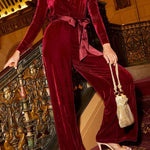 Love One Another Velvet Bow Belted Pocket Cutout Back Loose Jumpsuit