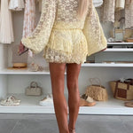 Nicola Lace Long Balloon Sleeve Blouse and Elastic Waist Layered Skort Set