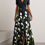 A-Line High Waisted Flower Print Split-Front V-Neck Maxi Dresses