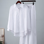 Solid Color High-Low Long Sleeves Lapel Blouses + Drawstring Pants Two Pieces Set