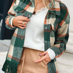 Plaid Snap Button Pocket Fringed Hem Shacket