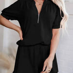 Women's Casual Half-zip Top and Ruffle Shorts Set