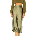 Olive Green Satin Midi Skirt with Side Slit