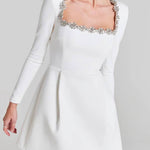 Jewel Trim Square Neck Padded Shoulder Mini Skirt