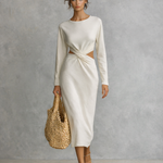 Women's Simple White Milk Silk Midi Dress With Waist Knot And Cutout Details