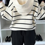 Fashion and Comfort Knit Striped Button Up Pocketed Loose Hooded Cardigan